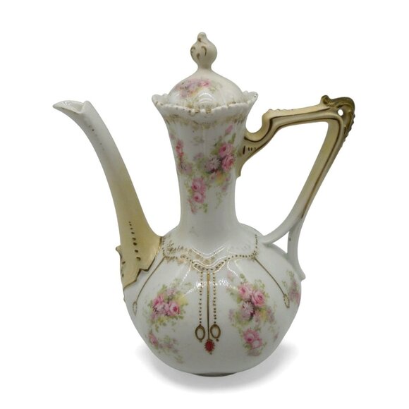 Antique RS PRUSSIA Porcelain Chocolate Pot Pink Floral & Gold Trim 8.6" - Picture 2 of 14